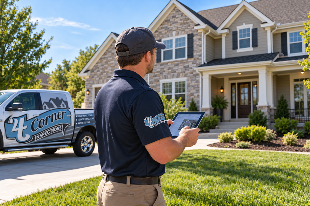 Home inspector holding a tablet beside a 4 Corner Inspections truck outside a house