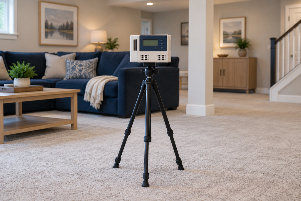 Illustration of a continuous radon monitor on a tripod in a finished basement