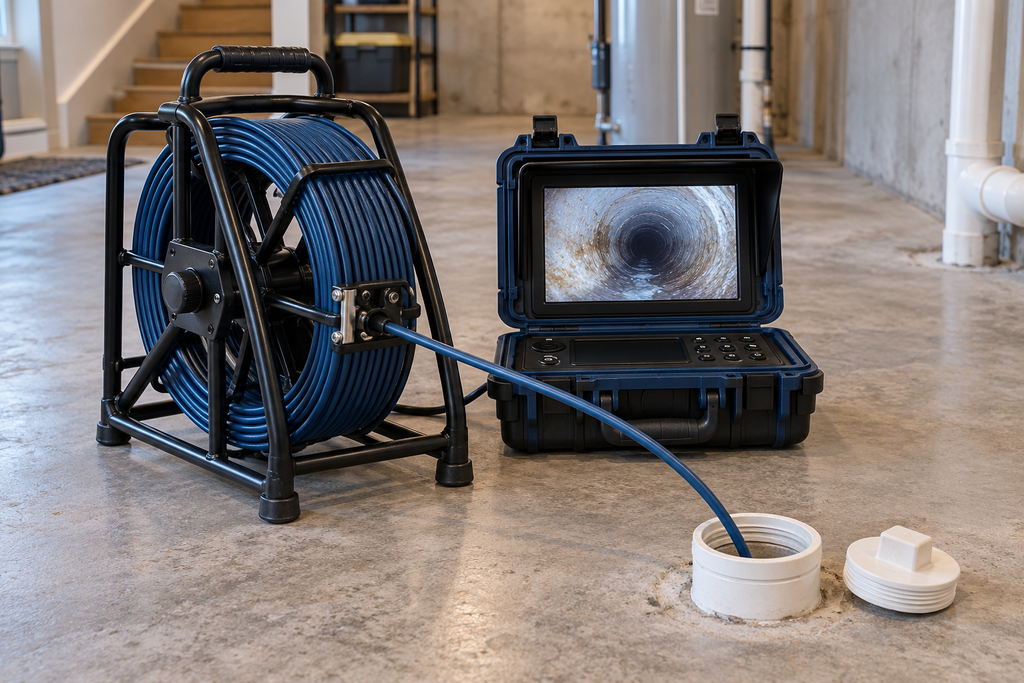 Illustration of a sewer inspection camera reel and monitor beside a sewer cleanout.